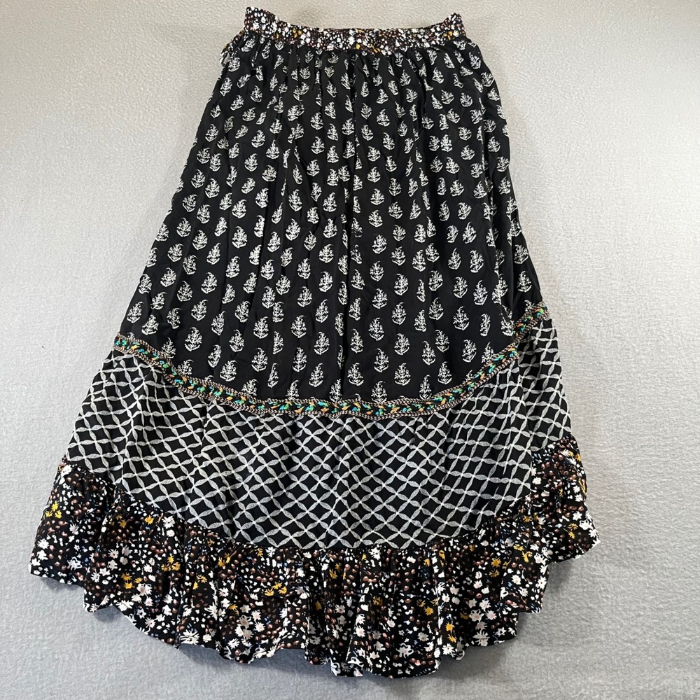 Christian Siriano Womens Small Mixed‎ Print boho Ruffle Wrap Maxi Skirt Black - Picture 10 of 11